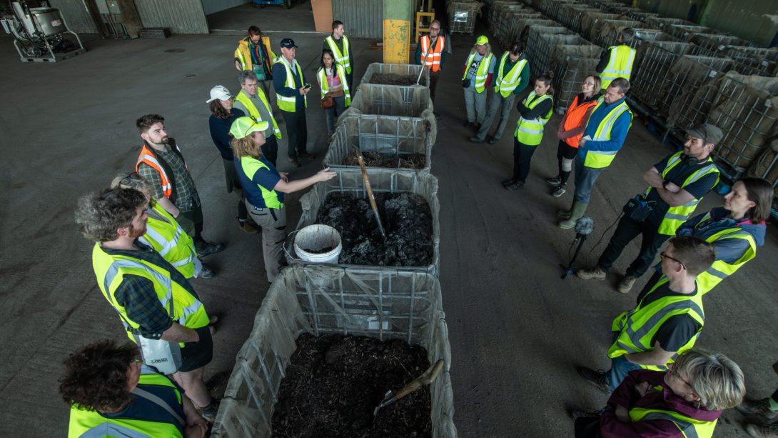 Exploring the Fens: Being shown the Johnson-Su method of composting in action at Engine Farm, Ely