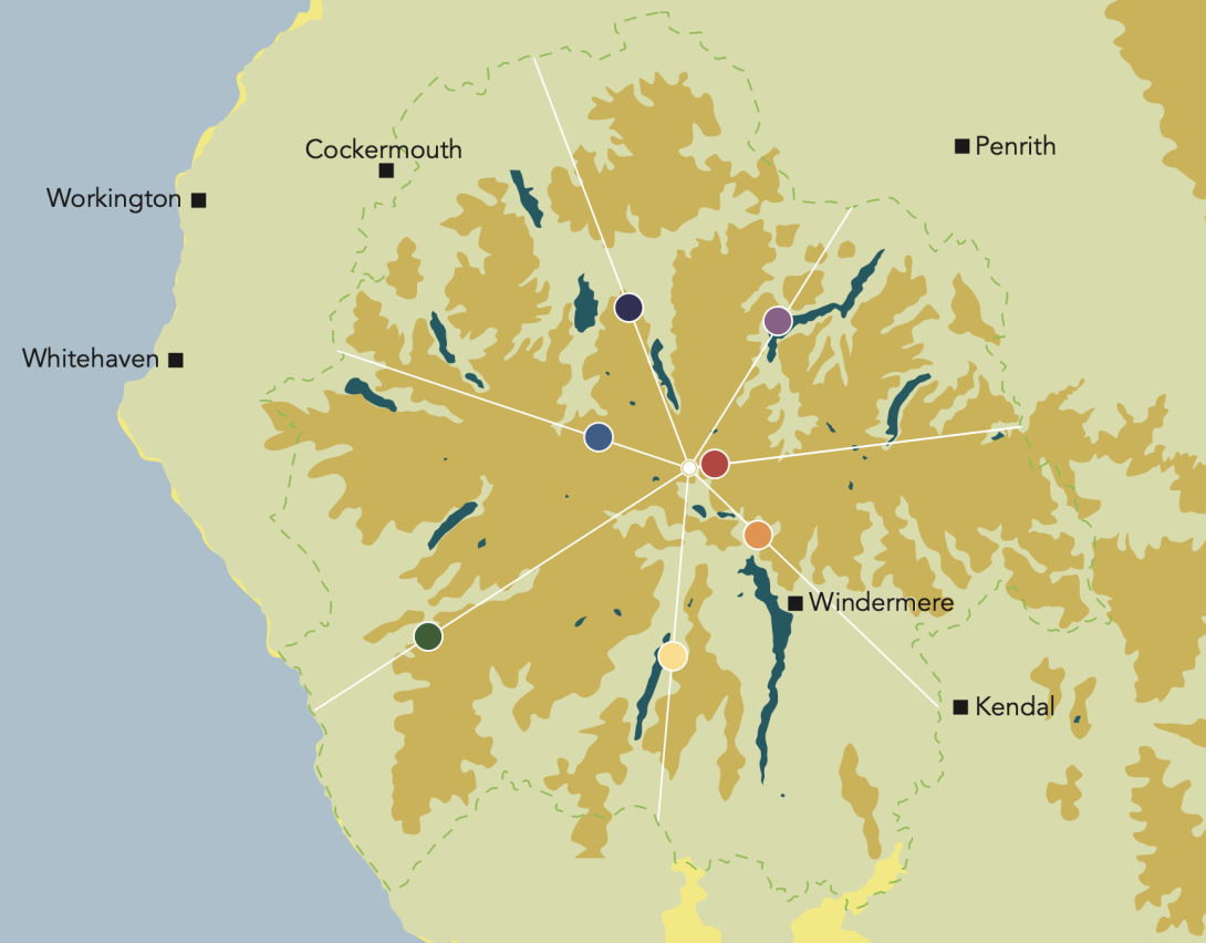 Map showing the location of the seven circles of trees: on seven lines, radiating at 51.42 degrees from the central point (a veteran Sycamore)